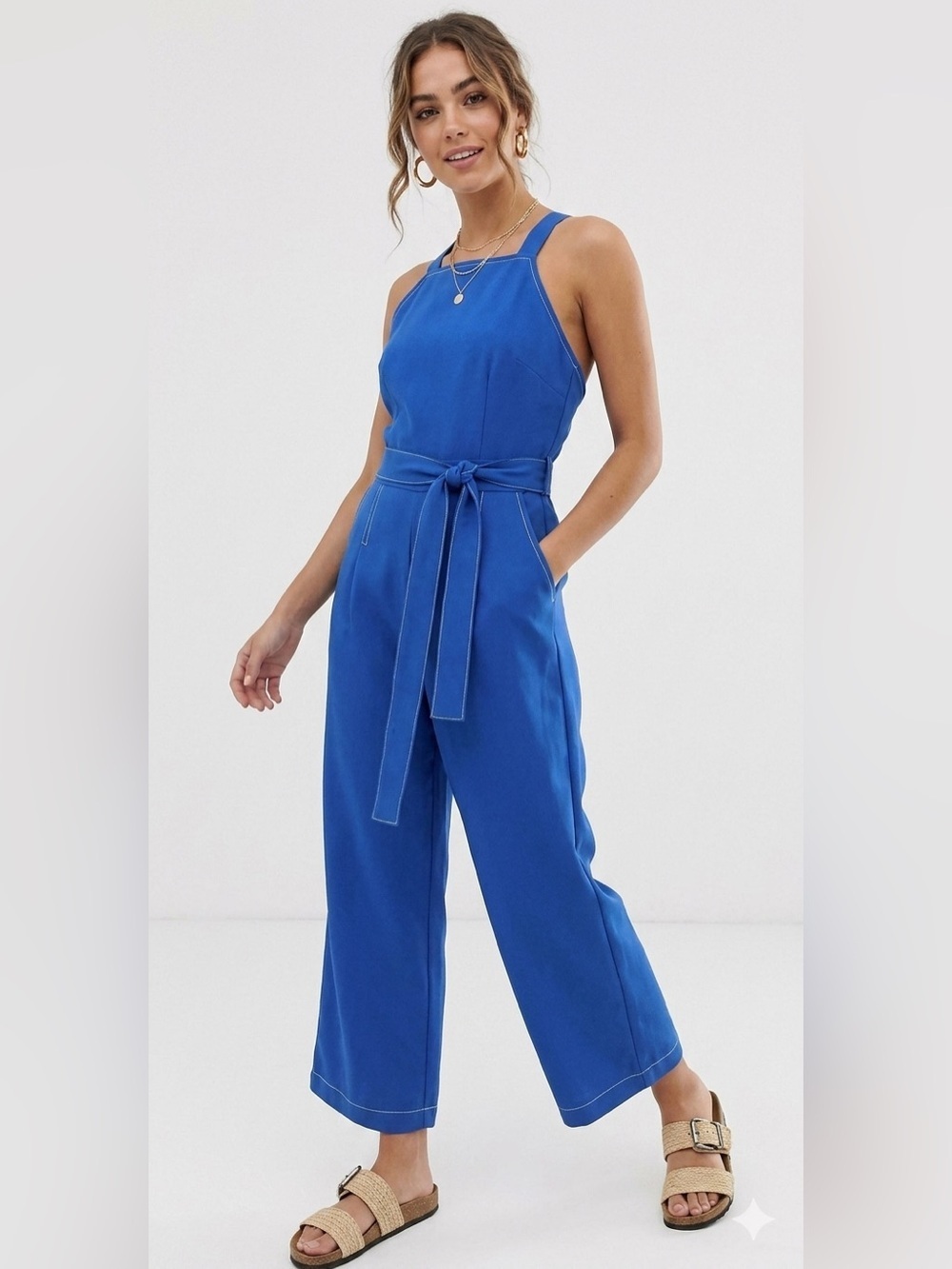 Moon River Royal Blue Contrast Stitch Square Neck Wide Leg Belted Jumpsuit XS